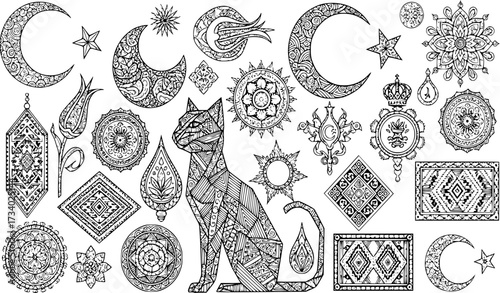 Intricate turkish symbols collection featuring cultural iconography in engraved style
