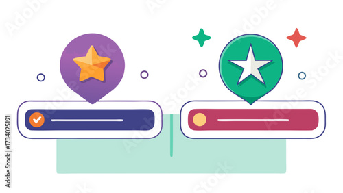 Two stars are shown on a white background. One star is purple and the other is green. The purple star is located on the left side of the image, while the green star is on the right side