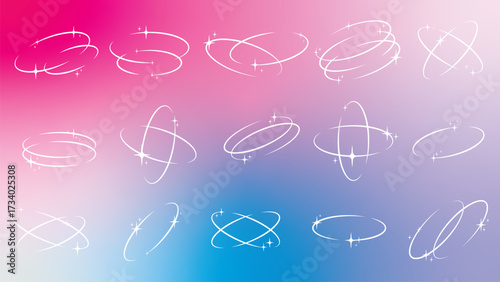 Set of creative design elements: an oval orbit with shimmering particles in different variations. White border with stars. Stylized orbital line with glitter. Vector