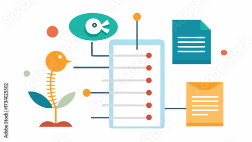 A colorful drawing of a plant with a skeleton and a fish. The skeleton is on the left side of the plant and the fish is on the right side. The drawing is of a computer screen with a list of items