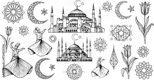 Intricate turkish symbols collection featuring cultural iconography in engraved style
