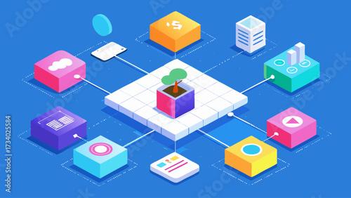 A colorful image of a plant growing in a box with many other boxes surrounding it. The boxes are of different colors and sizes, and they are arranged in a way that creates a sense of depth