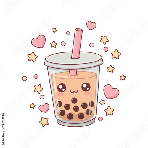 Cute boba tea illustration with kawaii face surrounded by hearts and stars vector design for stickers and social media