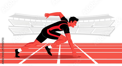 Illustration of a runner ready to start the race at the stadium track field competition