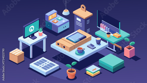 A lively and colorful office space with various items scattered around. There is a computer on a desk, a box, a potted plant, a cup, and a book. The room is filled with a sense of productivity