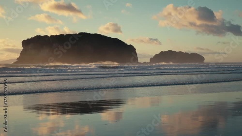 A beach sunset reflecting off the wet sand.