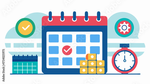 A calendar with a red check mark on it and a clock showing the time. The calendar is filled with various tasks and events, and the clock is set to the time of the day. Scene is busy and organized