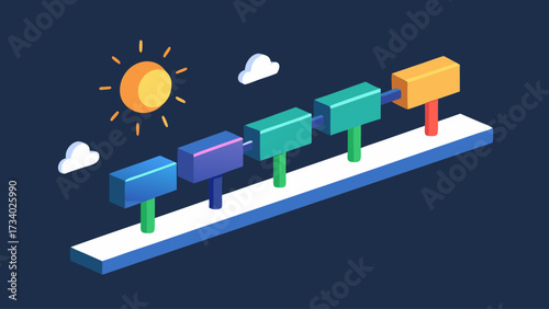 A blue and white background with a sun in the sky. The sun is yellow and is shining brightly. There are four boxes on the ground, each with a different color. The boxes are arranged in a row