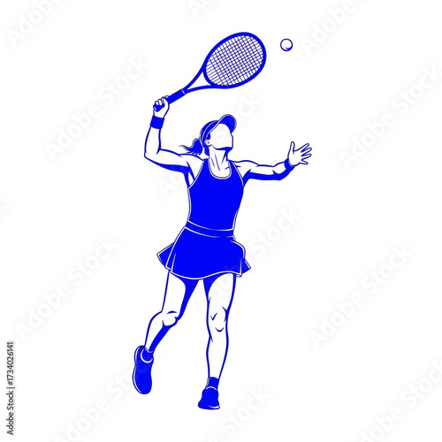 Blue illustration of a female tennis player serving the ball with a racket during a match.