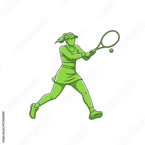 Green illustration of a female tennis player in action, swinging the racket to hit the ball.