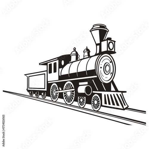 Vintage steam locomotive with tender on railroad tracks black and white illustration train steam engine