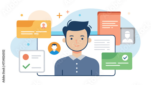 A man is smiling and looking at the camera. He is surrounded by various icons and buttons, including a check mark and a green button. Concept of productivity and organization