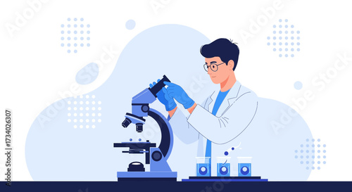 Illustration of a scientist using microscope in laboratory for medical research