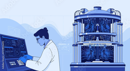 Illustration of a scientist operating a quantum computer for scientific research and development