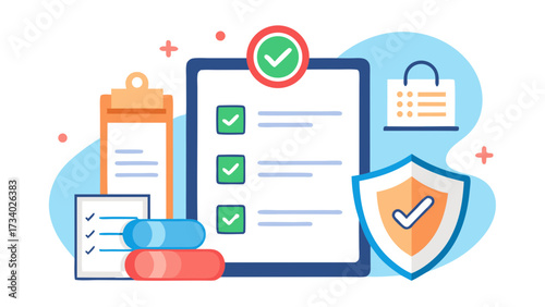 A checklist is shown with a red and white check mark. The checklist is for a medical procedure and the items on the checklist are medications