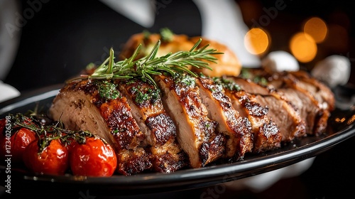 Delicious roasted pork tenderloin sliced with roasted tomatoes and rosemary sprigs ready for a gourmet dinner, perfect for food blogs and culinary projects