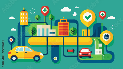 A colorful illustration of a city street with a yellow car and a red car. The photo also includes a suitcase and a backpack