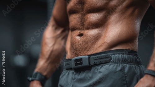 Muscular man showcasing fitness tracker during intense workout, promoting health and technology integration for peak performance in modern training and wellness lifestyle
