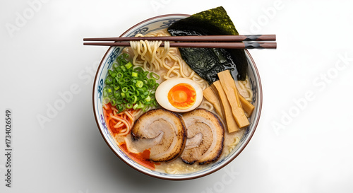 Delicious Japanese Ramen Bowl with Chopsticks and Fresh Ingredients, Top-Down View