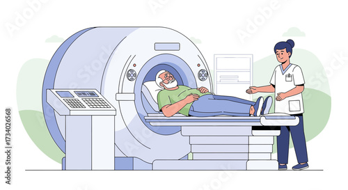 Illustration of a senior man undergoing an MRI scan with the assistance of a medical professional