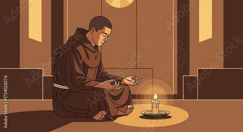 Illustration of a serene monk meditating by candlelight in a quiet sanctuary setting for spiritual