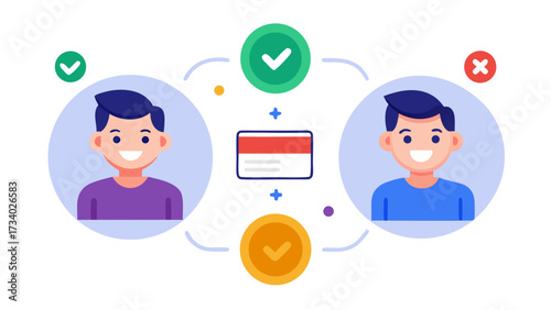 Two men are smiling and holding a card. One of them has a check mark on it. The other man has a check mark and a plus sign