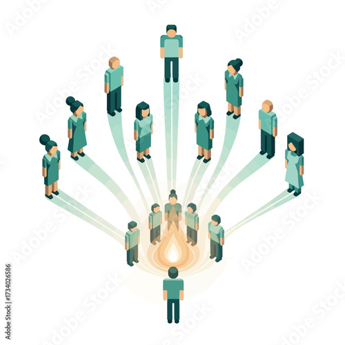An isometric illustration depicting a network of people connected by a central, glowing source, symbolizing community, influence, and shared ideas.