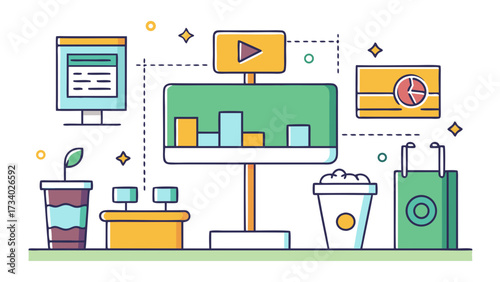 A computer monitor is on a desk with a green screen and a yellow box. A cup is on the desk next to the monitor