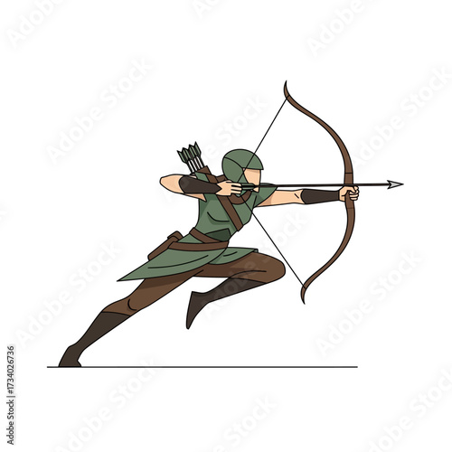 A dynamic illustration of an archer in motion, drawing a bow and arrow, ready to shoot.