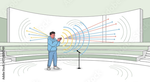 Illustration of a speaker receiving applause on stage with sound wave graphics