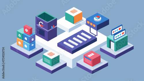 A blue and white image of a factory with many boxes and a computer. The boxes are of different colors and sizes, and the computer is on the right side of the image