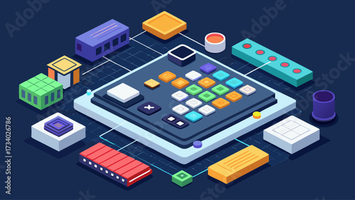 The image is a colorful computer screen with a lot of buttons and squares. It is a representation of a complex computer system with many different components and functions