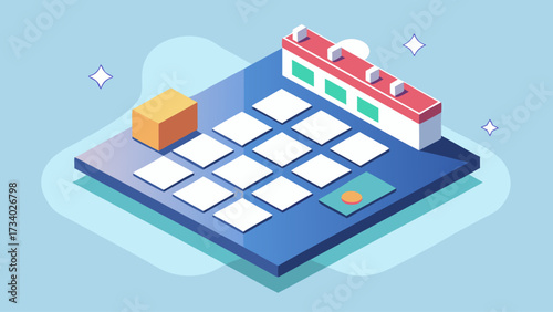 A blue and white calendar with a red building in the background. The calendar is square and has a lot of squares on it