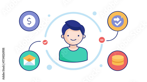 A man is smiling and surrounded by various symbols, including a dollar sign, a check mark, and a thumbs up. Concept of positivity and financial success