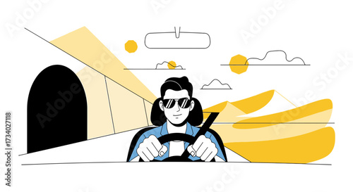 Illustration of a stylish driver on a desert road trip adventure with abstract landscape and tunnel