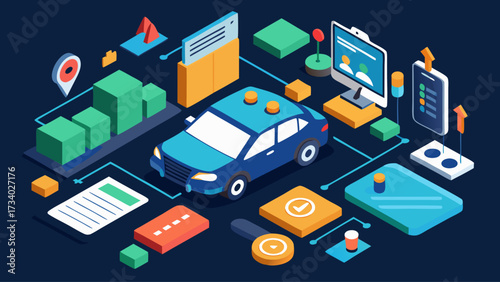 A blue car is shown in a city scene with a computer monitor, a cell phone, and a tablet. The car is surrounded by boxes and other objects, and there is a clock on the right side of the image