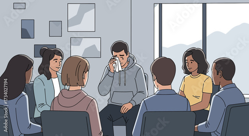 Illustration of a support group session with a man crying, surrounded by sympathetic members in a