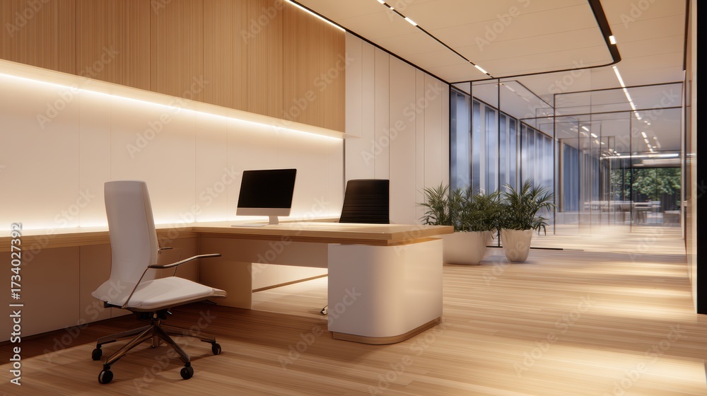 Fototapeta premium Modern office interior featuring a sleek desk with dual monitors, bright natural lighting, and greenery