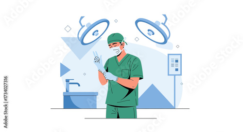 Illustration of a surgeon preparing for surgery with sterile gloves and equipment in the operation
