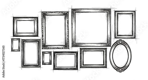 Elegant hand drawn sketch style picture frames arranged on a white background creating a gallery