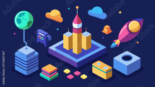 A colorful cityscape with a rocket flying through the sky. The image is a representation of the future and the possibilities that technology and space exploration can bring