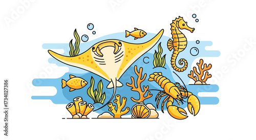 Whimsical Underwater World Featuring a Stingray Seahorse and Lobster Illustration