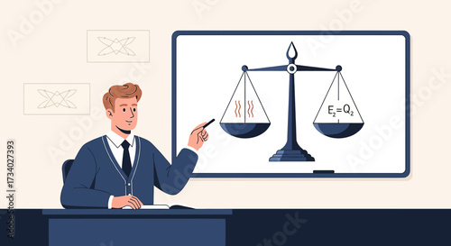 Illustration of a teacher explaining an equation concept with balance scales illustration for