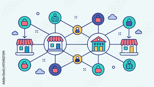 A colorful drawing of a house with a lot of locks on it. The drawing is of a network of houses and buildings, with each house having a different number of locks. The mood of the drawing is playful