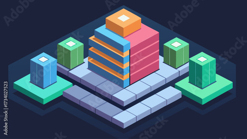 A colorful building with green, blue, and orange blocks. The blocks are stacked on top of each other, creating a unique and eye-catching design. Concept of creativity and playfulness