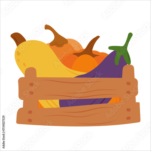 Simple flat vegetables in a crate. Colorful autumn harvest of pumpkin zucchini eggplant cucumber potato onion pepper radish tomato cabbage corn carrot for healthy and vegetarian food design