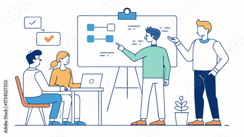 A group of people are gathered around a white board with a diagram on it. One man is pointing at the diagram, while the others look on. Concept of collaboration and teamwork