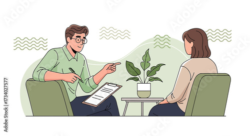 Illustration of a therapy session with a male therapist and a female patient in a counseling office