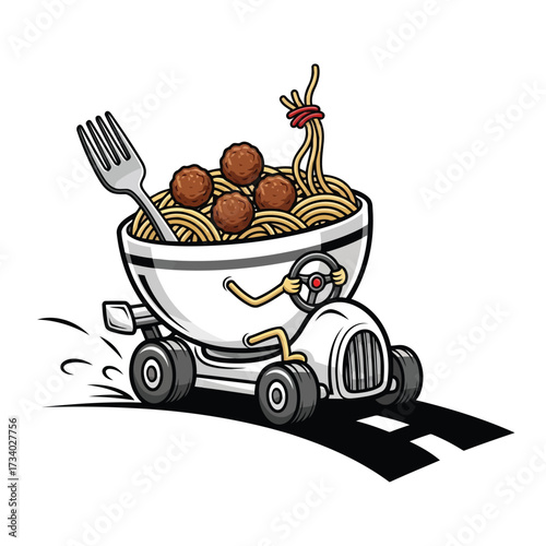 Vector illustration of funny cartoon bowl of spaghetti and meatballs driving a race car