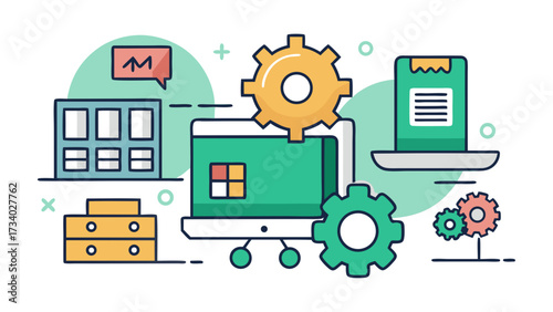 A computer with a green gear on it. The gear is surrounded by other elements, such as a laptop, a mouse, and a keyboard. The overall design of the image is colorful and playful
